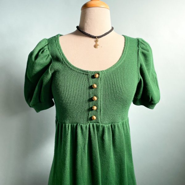 Vintage 60s Kelly Green Knit Maxi Dress, Puff Sleeve Mod Dress XS S Hot on Sale