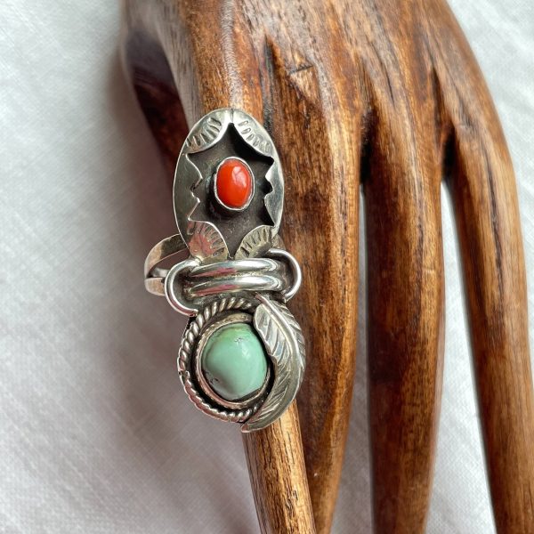 Vintage Navajo Native American Ring, Silver Turquoise Coral Signed JT Online now