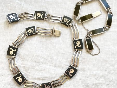 Vintage Los Castillo Onix Negro Fish Necklace Bracelet Set, Sterling Silver Onyx Taxco Mexico For Discount