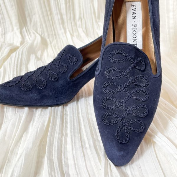 Evan Picone Navy Blue Suede Shoes, Cord Trim Louis Heel SZ 8.5 Sale