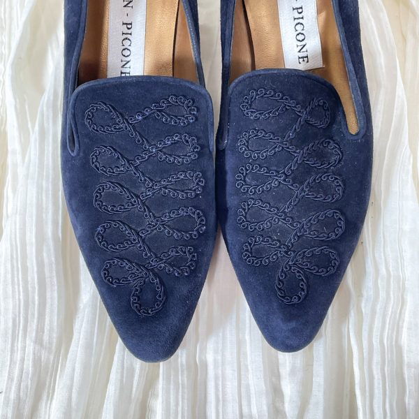 Evan Picone Navy Blue Suede Shoes, Cord Trim Louis Heel SZ 8.5 Sale