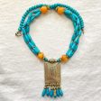 Vintage Faux Turquoise Pendant Necklace, Wood Beaded Boho Necklace For Sale