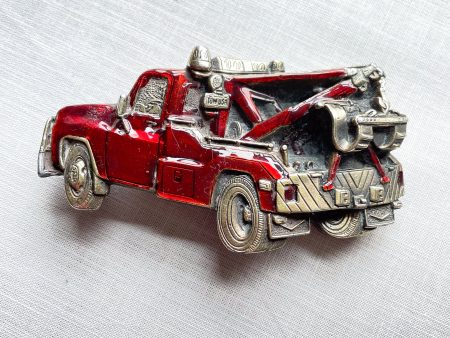 Vintage Tow Truck Belt Buckle, Red Enamel Brass Truck Buckle, Made in USA on Sale