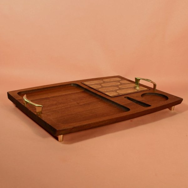 Vintage Georges Briard Wood Serving Tray, Ceramic Tile Metal Handles, Danish Modern Platter Online