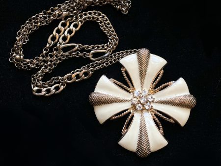 Vintage Enamel Flower + Rhinestone Pendant Necklace, Gold Tone Hippie Necklace Online