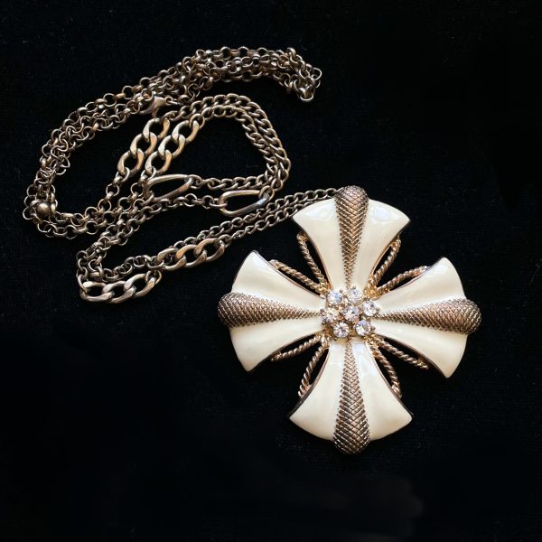 Vintage Enamel Flower + Rhinestone Pendant Necklace, Gold Tone Hippie Necklace Online