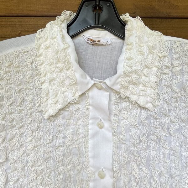 Vintage 70s White Lace Blouse Tunic, Tuxedo Style Ruffle Blouse Lady Arrow Online now