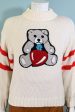 Vintage White Sweater Bear Heart Patch, Acrylic Novelty Pullover Sweater Hot on Sale