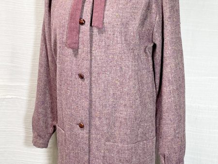 Vintage 70s Tweed Overcoat + Tie Neckline, Dark Academia Smock Coat SZ 36 S Cheap