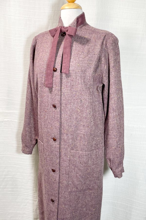 Vintage 70s Tweed Overcoat + Tie Neckline, Dark Academia Smock Coat SZ 36 S Cheap