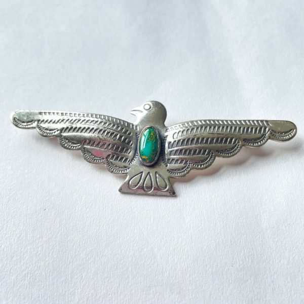 Vintage Sterling Silver Turquoise Thunderbird Brooch, Fred Harvey Era Pin For Cheap