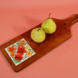 Vintage 70s Wood Serving Platter + Floral Ceramic Tile, Mid Century Modern Online now