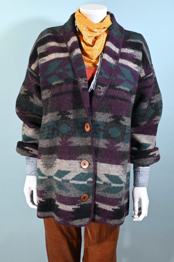 Vintage 80s Southwestern Wool Sweater Jacket, Western Cardigan Jacket S Cheap