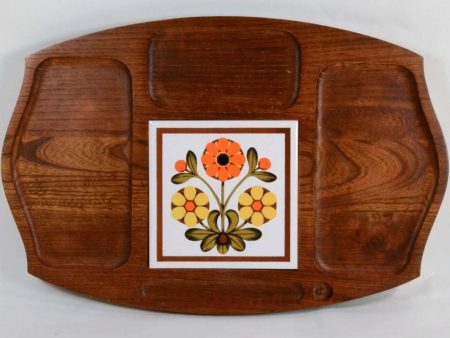 Vintage 70s Wood Tray Tile Center Piece, Mid Century Serving Platter Fashion