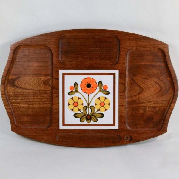 Vintage 70s Wood Tray Tile Center Piece, Mid Century Serving Platter Fashion