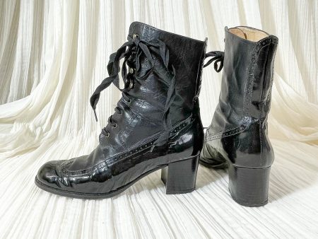 SOLD Vintage Kenneth Cole Black Leather Patent Leather Lace Up Granny Boots 8 1 2 Online Sale