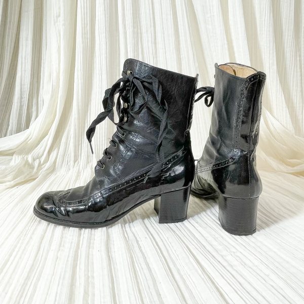 SOLD Vintage Kenneth Cole Black Leather Patent Leather Lace Up Granny Boots 8 1 2 Online Sale