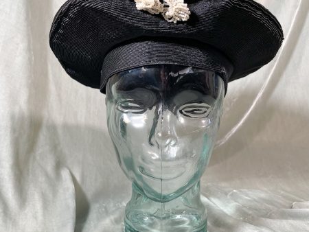 Gage Bros Vintage 40s Black Straw Tam O  Shanter Ladies Hat w Bead Accents S For Sale