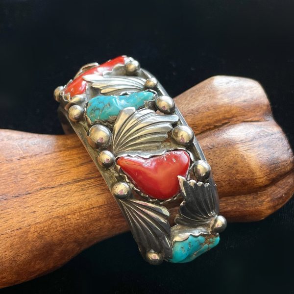 Dan Simplicio Vintage Sterling Turquoise Coral Statement Cuff Bracelet Hot on Sale