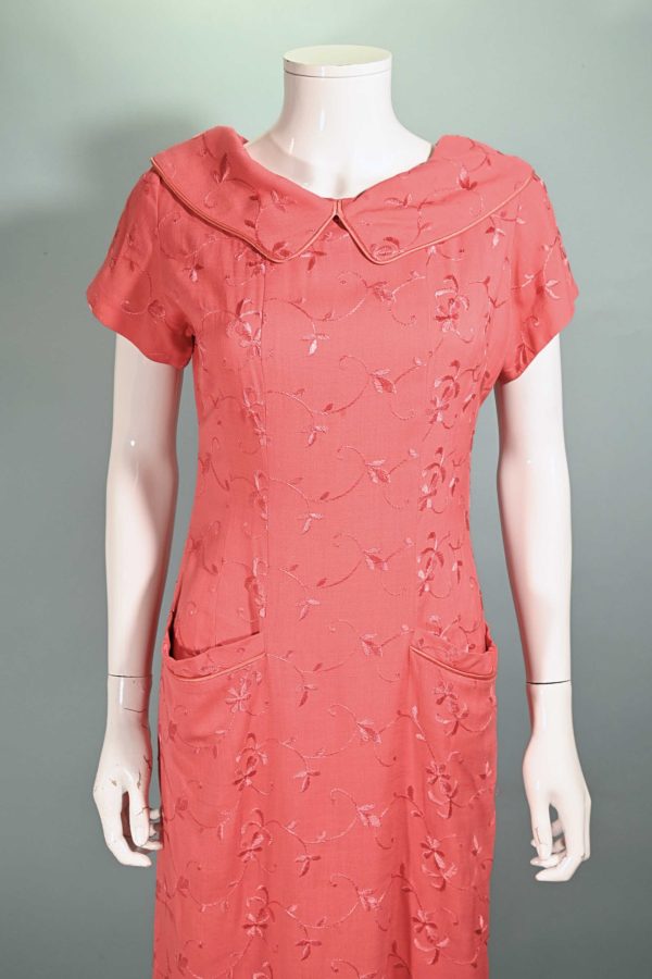 Vintage 50s Embroidered Coral Linen Dress, Peter Pan Collar Day Dress M Online Hot Sale