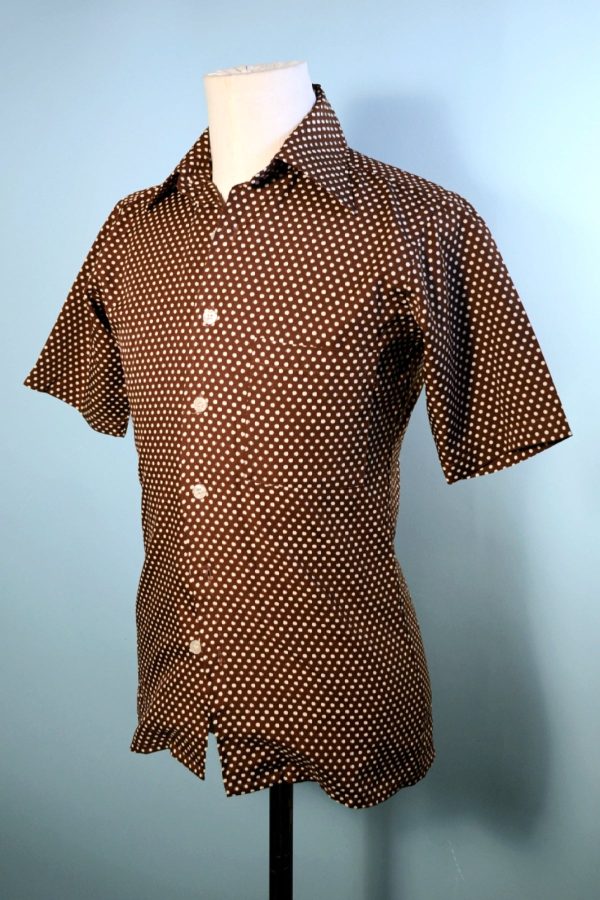 Brown Polka Dot Short Sleeve 70s Polyester Disco Shirt S Online Hot Sale