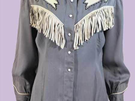 Vintage 40s Gray Wool & Leather Fringe Western Shirt, Women s Southwestern Rockabilly Cowgirl Blouse For Sale