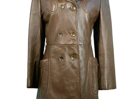 Vintage 60s Brown Leather Double Breasted Coat, Mod Hippie Leather Trench Coat S Discount