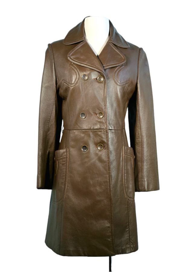 Vintage 60s Brown Leather Double Breasted Coat, Mod Hippie Leather Trench Coat S Discount