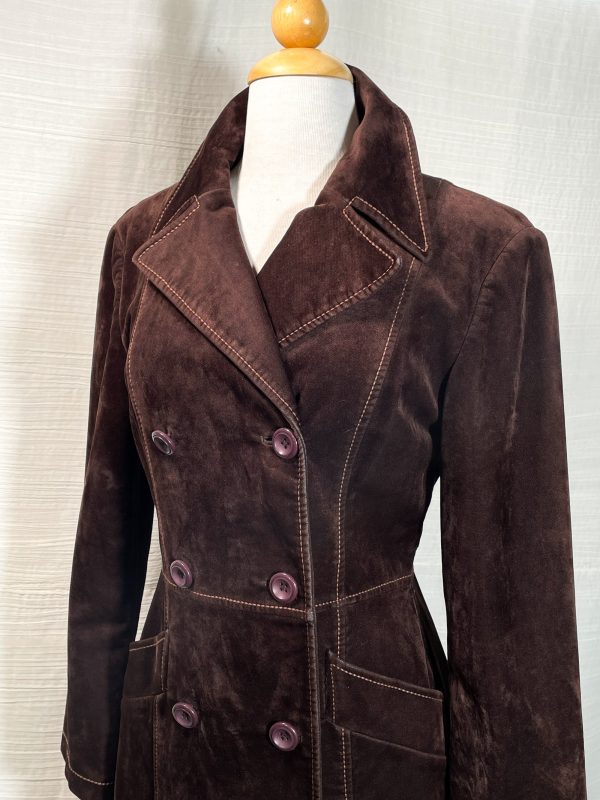 Vintage Mod 60s Brown Velvet Outerwear Jacket, Double Breasted Fitted Mini Coat Jacket 36 XS Online Sale