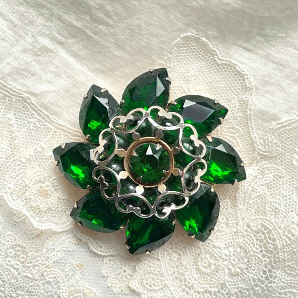 Vintage Emerald Green Domed Pear Shaped Rhinestone Brooch, Heart Details Hot on Sale