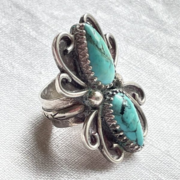 Native American Southwestern Statement Ring, Sterling Teardrop Turquoise Stones Discount