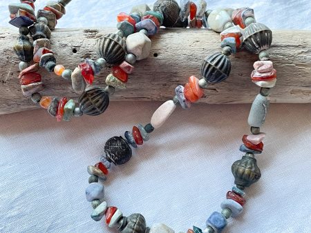 Vintage Ethnic Boho Beaded Hippie Necklace, Agate Soapstone Aged Necklace on Sale