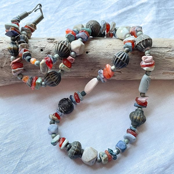 Vintage Ethnic Boho Beaded Hippie Necklace, Agate Soapstone Aged Necklace on Sale