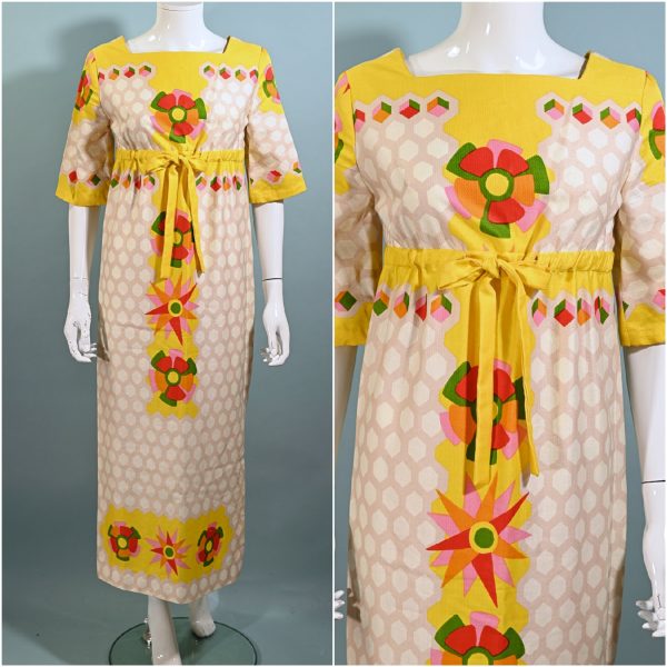 Alex Coleman 60s Mod Hippie Maxi Dress, Empire Waist Floral Print Dress Fashion