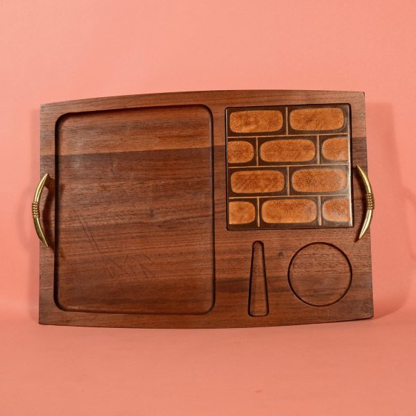 Vintage Georges Briard Wood Serving Tray, Ceramic Tile Metal Handles, Danish Modern Platter Online