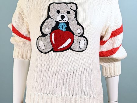 Vintage White Sweater Bear Heart Patch, Acrylic Novelty Pullover Sweater Hot on Sale