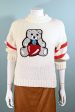 Vintage White Sweater Bear Heart Patch, Acrylic Novelty Pullover Sweater Hot on Sale