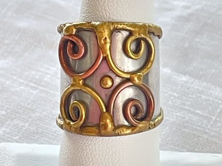 Vintage Brutalist Modernist Artisan Ring, Mixed Metals Discount