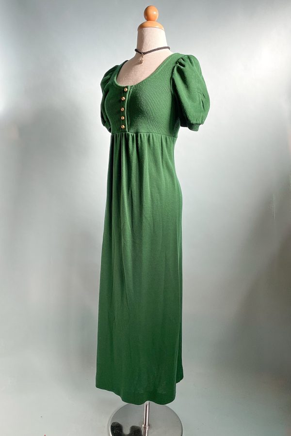 Vintage 60s Kelly Green Knit Maxi Dress, Puff Sleeve Mod Dress XS S Hot on Sale