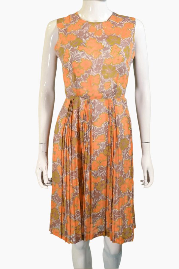 Vintage 60s Semi Sheer Orange Floral Print Dress, S 26  Waist Online now