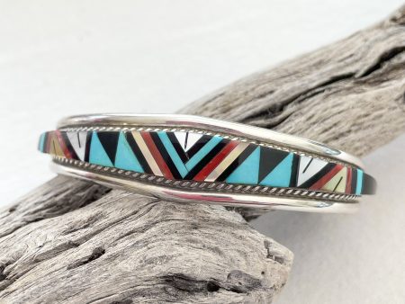 R L Yuselew Zuni Sterling Silver Cuff Bracelet, Onyx Coral Turquoise Bracelet 23.8 G Online Sale