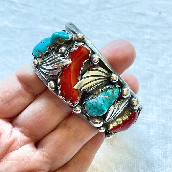 Dan Simplicio Vintage Sterling Turquoise Coral Statement Cuff Bracelet Hot on Sale