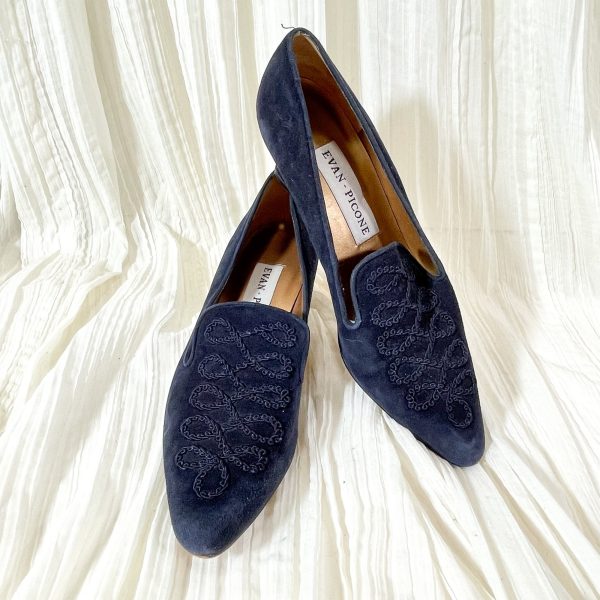 Evan Picone Navy Blue Suede Shoes, Cord Trim Louis Heel SZ 8.5 Sale