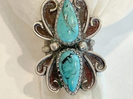 Native American Southwestern Statement Ring, Sterling Teardrop Turquoise Stones Discount