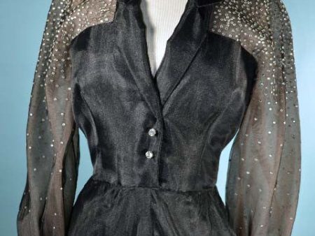 Vintage 50s Black Party Dress Sheer Full Sleeves + Rhinestones, 25  Waist  XS S Discount