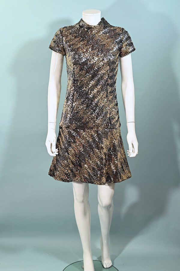 Pat Sandler 60s Mod Sequin Mini Dress, Silver Gold Very Sparkly Party Dress S Hot on Sale