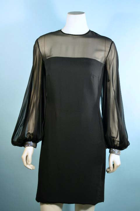 Vintage 60s Mod Black Chiffon Cocktail Party Dress, Full Poet Sleeves + Rhinestone Cuffs S Online now