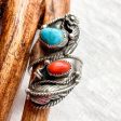 Vintage Navajo Silver Turquoise Coral Ring, Native American Ring Signed G.. For Sale