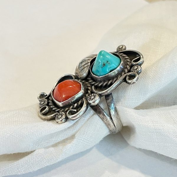 Vintage Native American Navajo Ring, Silver Turquoise Coral SZ 7 on Sale