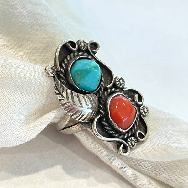 Vintage Native American Navajo Ring, Silver Turquoise Coral SZ 7 on Sale